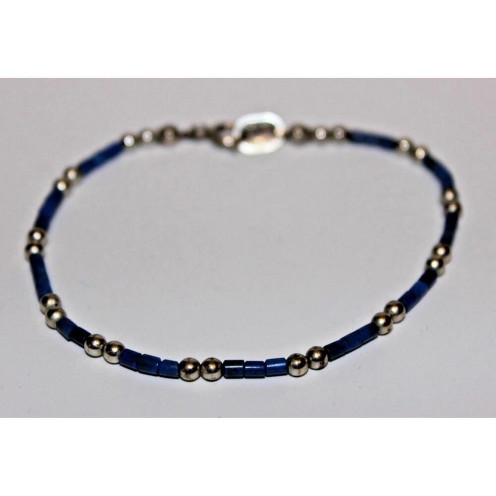 Vintage Sterling Silver Blue Bead Bracelet 7" Beaded STER Clasp